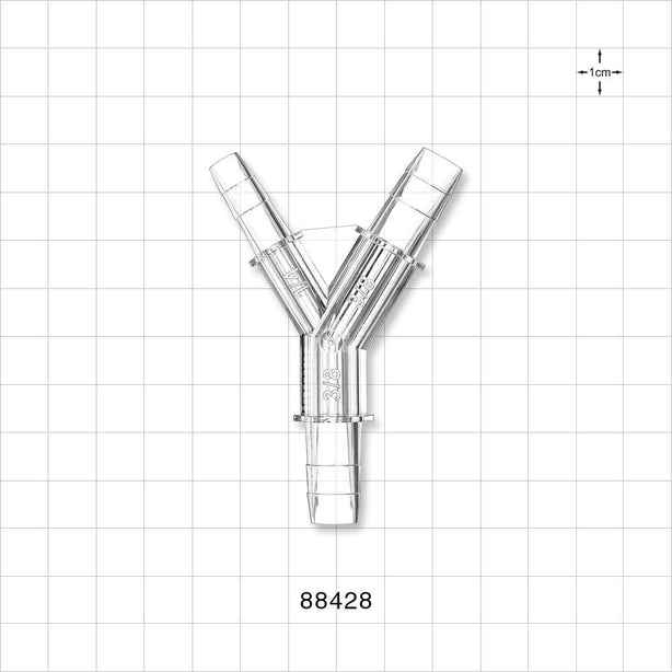Y Connector, Reducer, Barbed, Clear - Fits 1/4 inch ID Tubing (0.25 inch, 6.35 mm); Fits 3/8 inch (0.375 inch, x 9.53 mm) - 88428