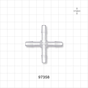 Cross Connector, Barbed - Fits 1/4 inch ID Tubing (0.25 inch, 6.35 mm) - 97358