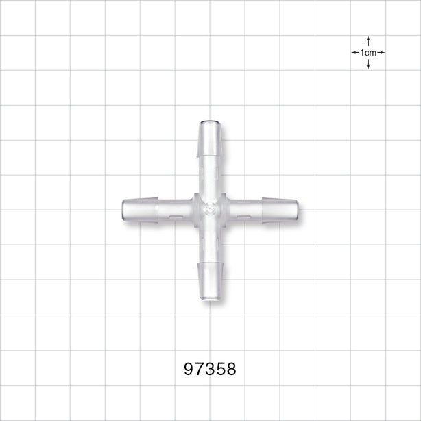 Cross Connector, Barbed - Fits 1/4 inch ID Tubing (0.25 inch, 6.35 mm) - 97358