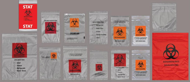 Econo-Zip Specimen Transport Bag with Zip Closure, Clear, Red and Black Biohazard Imprint, 3 Wall, 2 mL, 12" x 15", Action - A1201502BH - 100 Each