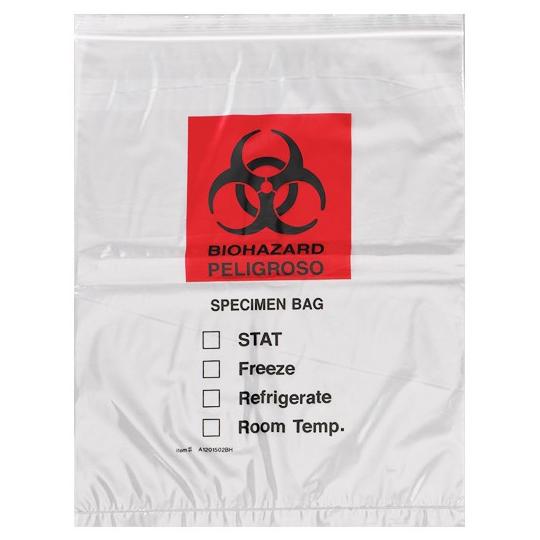 Econo-Zip Transport Bag, Specimen, Clear, Red and Black Biohazard Imprint, 3 Wall, 2 mL, 12" x 15", Action - A1201502BH - 1000 Each