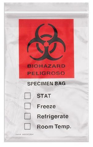 Econo-Zip Specimen Transport Bag with Zip Closure, Clear, Red and Black Biohazard Imprint, 3 Wall, 2 mL, 12" x 15", Action - A1201502BH - 1 Each