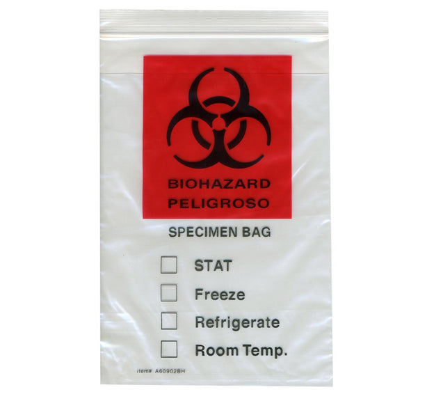 Econo-Zip Transport Bag, Specimen, Clear, Red and Black Biohazard Imprint, 3 Wall, 1.7 mL, 10" x 10", Action - STB1010-1.7 - 1000 Each
