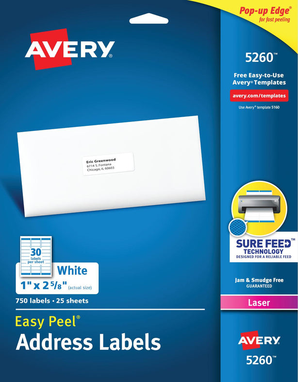 Avery-Dennison Easy-Peel White Address Labels 5260 - 750.0 Each