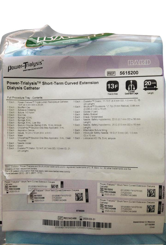 C.R. Bard Power-Trialysis Short-Term Triple-Lumen Dialysis Catheter Tray, Curved Extension Leg, 13 Fr x 20 cm - 5615200 - 5 Each
