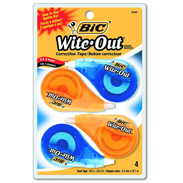 BiC Wite-Out Easy Correct 1/6" x 13.1-yd. Nonrefillable Correction Tape, 4-Pack, White-Out - WOTAPP418 - 4 Each