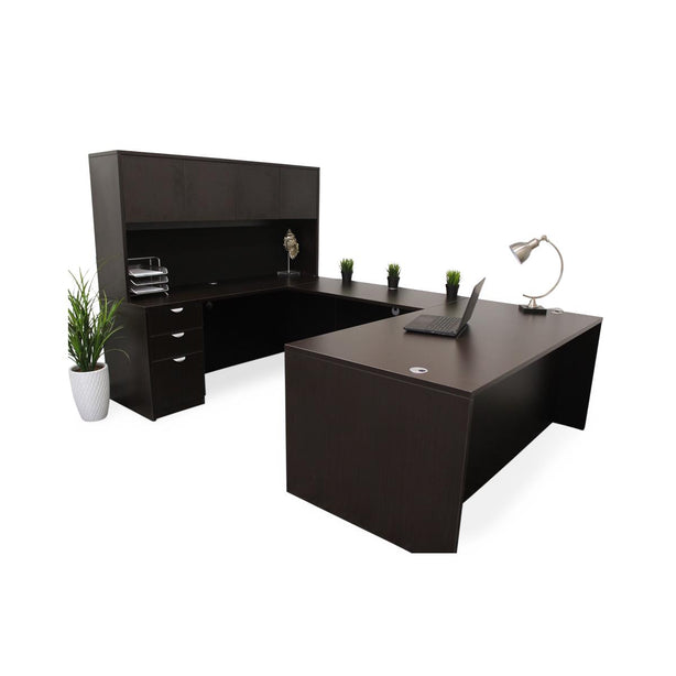 Norstar Office Boss Executive Sets U-Shaped Desk, 66" x 30" Desk, 42" x 24" Bridge, 66" x 24" Credenza, 66" x 15" Hutch, 3 Drawer Pedestal, Mocha Finish - GROUPA15-MOC - 1 Each
