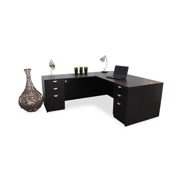 Norstar Office Boss Sets L-Shaped Executive Desk, 66" x 30" Desk, 42" x 24" Return, 3-Drawer Pedestal, Mocha Finish - GROUPA21-MOC - 1 Each