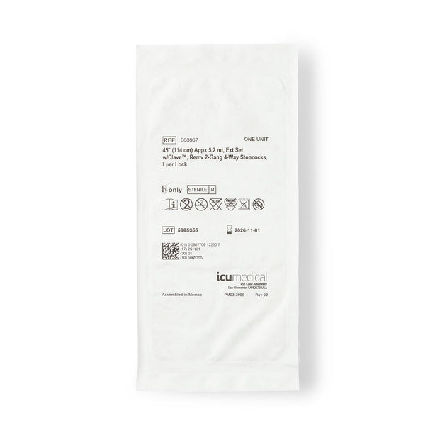 ICU MEDICAL MicroClave Clear Connectors and 45" (114 cm) Appx 5.2 mL, Extension Set with Clave, Remv 2-Gang 4-Way Stopcocks, Luer Lock - B33967 - 1 Each