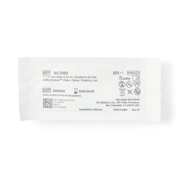 ICU MEDICAL Small Bore IV Extension Set, MicroClave, Luer, 7" - MC3302 - 1 Each