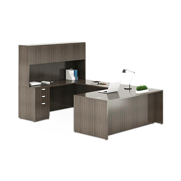 Norstar Office Boss Executive Sets U-Shaped Desk, 66" x 30" Desk, 42" x 24" Bridge, 66" x 24" Credenza, 66" x 15" Hutch, 3 Drawer Pedestal, Driftwood Finish - GROUPA15-DW - 1 Each