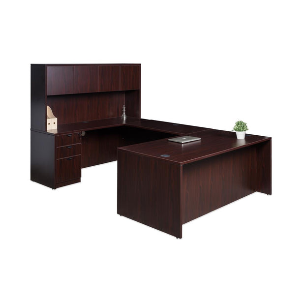 Norstar Office Boss Executive Sets U-Shaped Desk, 71" x 36" Desk, 48" x 24" Bridge, 71" x 24" Credenza, 71" x 15" Hutch, 3 Drawer Pedestal, Mahogany Finish - GROUPA5-M - 1 Each