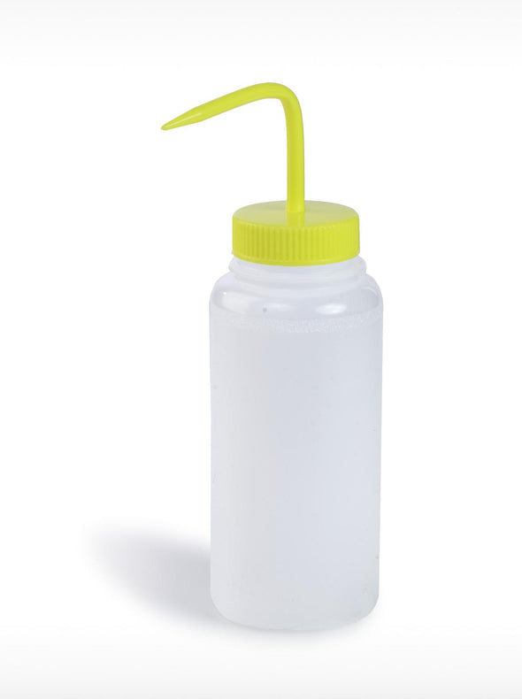 Bel-Art Wide-Mouth 500 mL (16 oz.) Polyethylene Wash Bottles, Yellow Polypropylene Cap, 53 mm Closure, Pack of 6, LDPE - BRT116260500