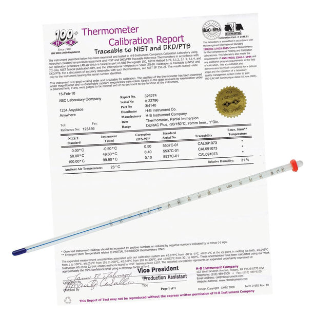 Bel-Art H-B DURAC Plus Calibrated Liquid-In-Glass Thermometer, -1 to 101° C, Total Immersion, Organic Liquid Fill - B60205-1500 - 1 Each