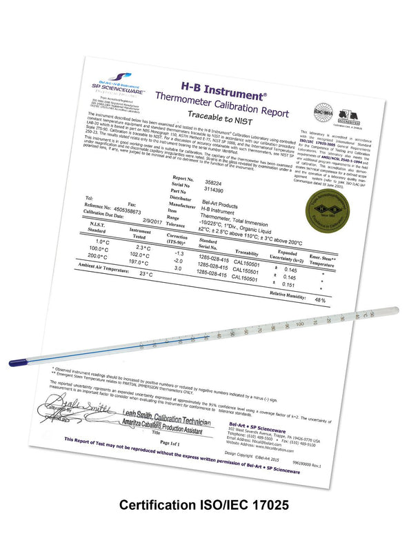 Bel-Art Precision H-B DURAC Plus ASTM S62° F-03 Individually Calibrated Liquid-In-Glass Thermometer, 95/155° C, Organic Liquid Fill - B60780-1000 - 3 Each