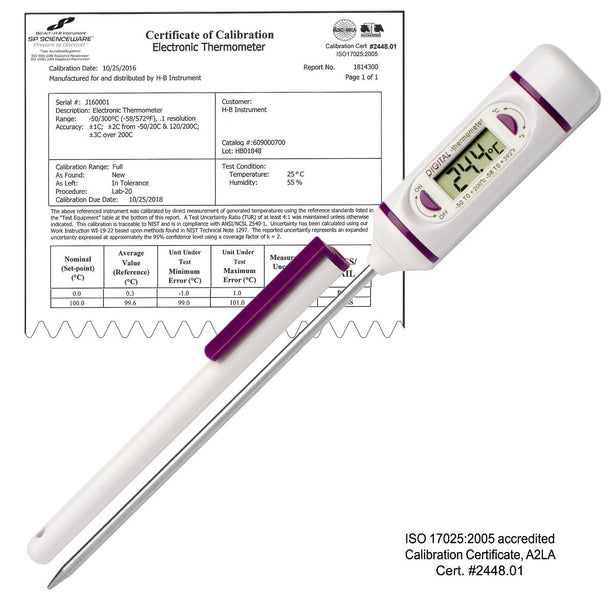 Bel-Art Blunt-Tip H-B DURAC Calibrated Electronic Stainless Steel Stem Thermometer, -50/200° C (-58/392° F, 120 mm (4.7" Blunt Tip Probe - B60900-2100 - 1 Each
