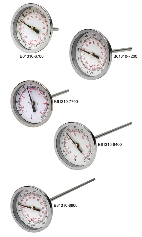 Bel-Art H-B DURAC Bi-Metallic Dial Thermometer, -20 to 120° C (0 to 250° F), 1/2" NPT Threaded Connection, 75 mm Dial - B61310-7200 - 1 Each
