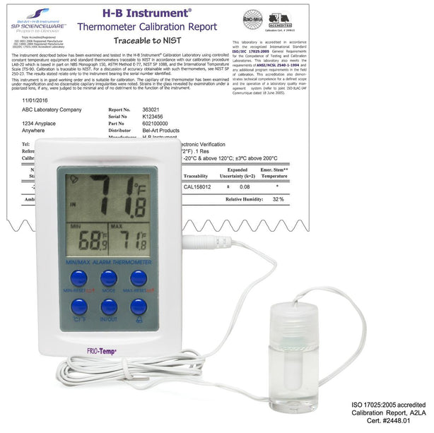 Bel-Art Frio-Temp H-B Frio Temp Calibrated Dual-Zone Electronic Verification Thermometer, -50/70° C (-58/158° F and 0/50° C (32/122° F), Freezer Calibration - B60210-0500 - 1 Each