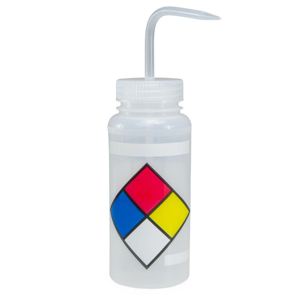 Bel-Art Safety-Labeled 4 to Color Lyob Wide-Mouth Wash Bottles, 500 mL (16 oz.), Polyethylene with Natural Polypropylene Cap, Pack of 4, Four-Color - F11716-0009 - 4 Each