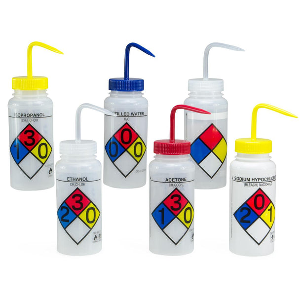 Bel-Art Safety-Labeled 4 to Color Water Wide-Mouth Wash Bottles, 500 mL (16 oz.), Polyethylene with Blue Polypropylene Cap, Pack of 4, Four-Color - F11716-0017 - 4 Each