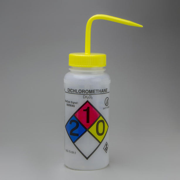 Bel-Art Ghs Labeled Safety-Vented Dichloromethane Wash Bottles, 500 mL (16 oz.), Polyethylene with Yellow Polypropylene Cap, Pack of 4, GHS-Labeled Ldpe - F12416-0002 - 4 Each