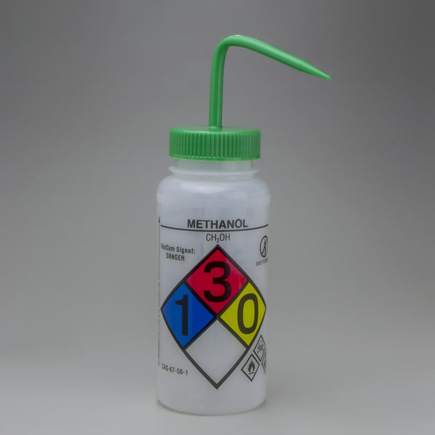 Bel-Art Ghs Labeled Safety-Vented Methanol Wash Bottles, 500 mL (16 oz.), Polyethylene with Green Polypropylene Cap, Pack of 4, GHS-Labeled Ldpe - F12416-0011 - 4 Each