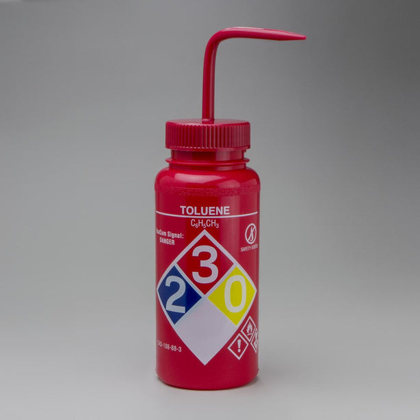 Bel-Art Ghs Labeled Toluene Wash Bottles, 500 mL (16 oz.), Polyethylene with Red Polypropylene Cap, Pack of 4, GHS-Labeled Safety-Vented Ldpe - F12416-0016 - 4 Each
