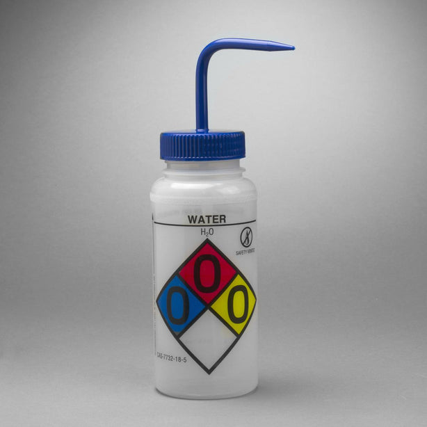 Bel-Art Ghs Labeled Safety-Vented Water Wash Bottles, 500 mL (16 oz.), Polyethylene with Blue Polypropylene Cap, Pack of 4, GHS-Labeled Ldpe - F12416-0017 - 4 Each