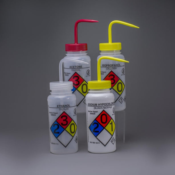 Bel-Art Ghs Labeled Safety-Vented Assorted Wash Bottles, 500 mL (16 oz.), Polyethylene with Polypropylene Cap, Pack of 4, GHS-Labeled Ldpe - F12416-0050 - 4 Each