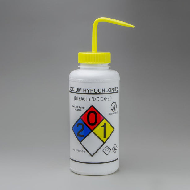 Bel-Art Ghs Labeled Safety-Vented Sodium Hypochlorite (Bleach) Wash Bottles, 1000 mL (32 oz.), Polyethylene with Yellow Polypropylene Cap, Pack of 2, GHS-Labeled Ldpe - F12432-0015 - 2 Each