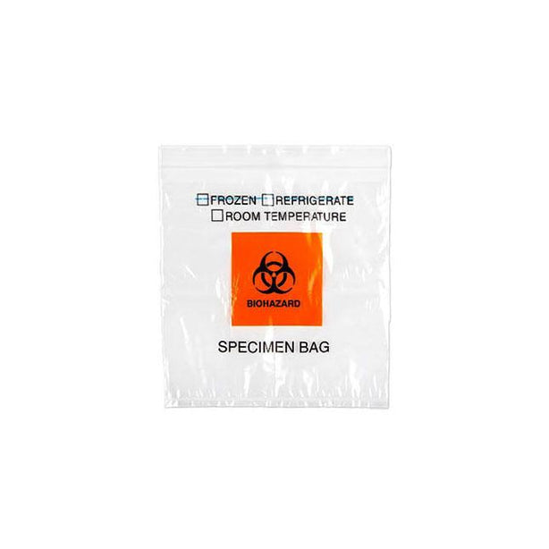 Cardinal Biohazard Specimen Transport Bag with Score Line, Front Pouch and Adhesive Closure, Clear, 2 Mil, 10" x 10" - AD10X10BIO - 10 Pack