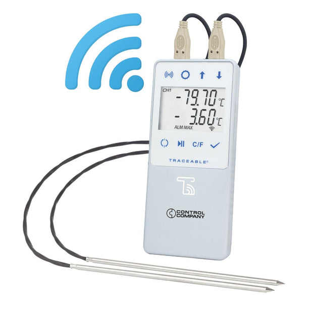 Control TraceableLIVE Wi-Fi-Enabled Refrigerator / Freezer Thermometer with 2 Platinum RTD Sensors and 316 Stainless Steel Probes, -90°C to 105°C Range - 6511 - 1 Each