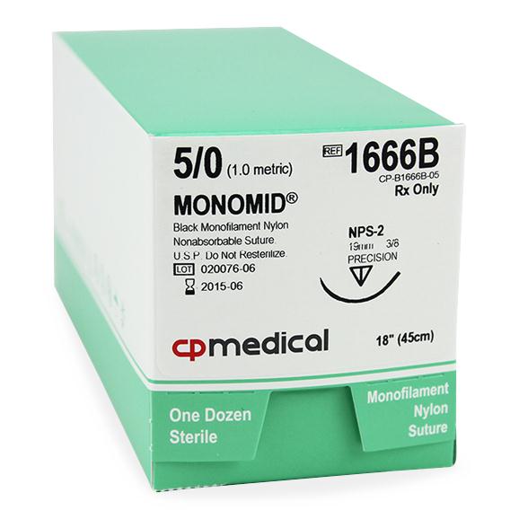 Cp Medical Monomid Black Monofilament Nonabsorbable Suture, 5-0 Nylon, PS-1, 18" - 1666B - 12 Each