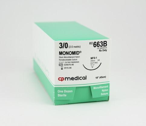 Cp Medical Monomid Black Monofilament Nonabsorbable Suture, 3-0 Nylon FS-1, 18" - 663B - 12 Each