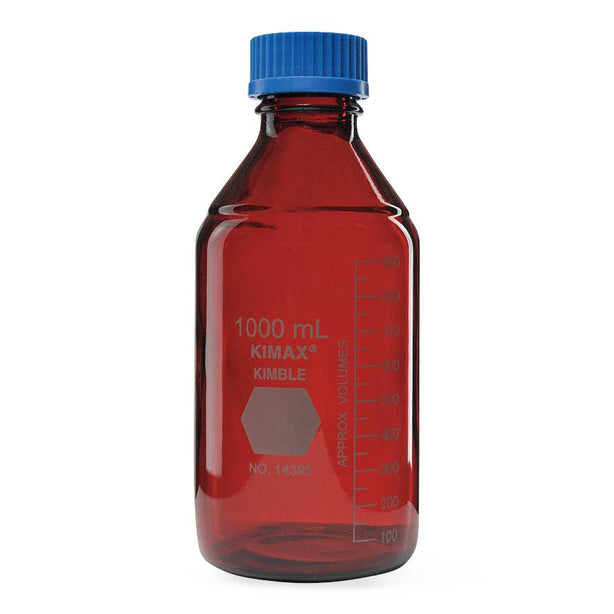 DWK Kimble Round Glass with Screw 14399-1000 GL 45 Media Storage Bottles, RAY-SORB, 1,000 mL Capacity, 100 mL to 900 mL Graduation Range, Blue Polypropylene Cap - MDL-CSX143991000 - 1 Each