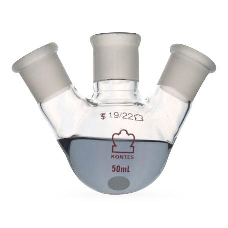 Dwk Life Sciences Kimble Three Neck RB Angled 3-Neck Round-Bottom Distilling Flask, 19/22 Center ST Joint, 19/22 Side ST Joint, 25mL - CSX2955100025