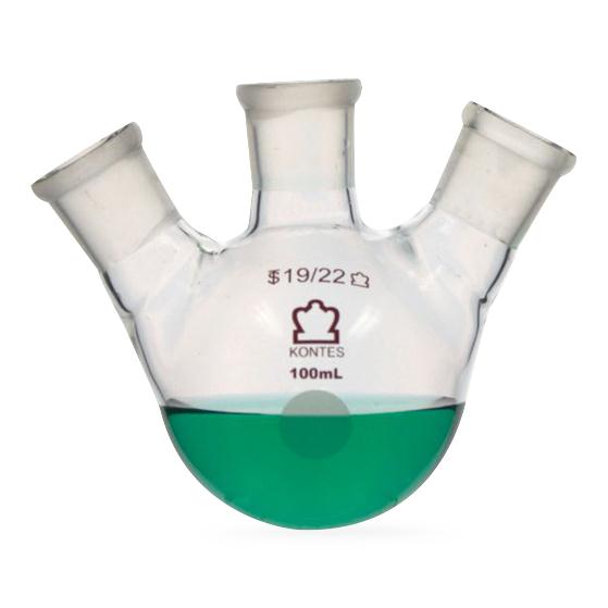 Dwk Life Sciences Kimble Three Neck RB Angled 3-Neck Round-Bottom Distilling Flask, 19/22 Center ST Joint, 19/22 Side ST Joint, 100mL - CSX2955100100