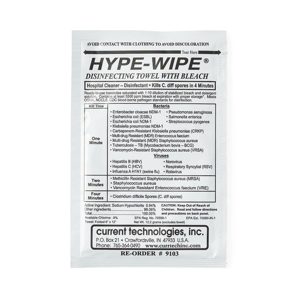 Current Technologies Inc Hype-Wipe Bleach Towelettes 9103 100.0 Each-MDL-CTB9103