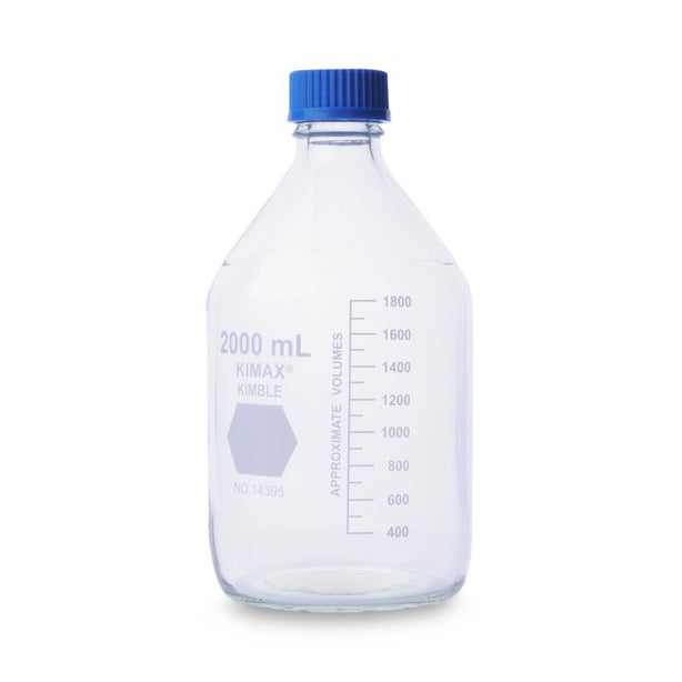 DWK Kimble Round Glass with Blue Screw Caps 14395-2000 GL 45 Media Storage Bottles, 2,000 mL Capacity, 400 mL to 1,800 mL Graduation Range - MDL-CSX143952000 - 4 Each