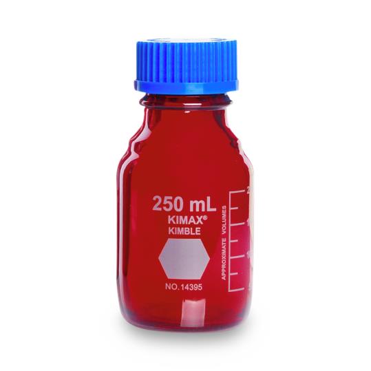 DWK Kimble Round Glass with Screw 14399-250 GL 45 Media Storage Bottles, RAY-SORB, 250 mL Capacity, 50 mL to 200 mL Graduation Range, Blue Polypropylene Cap - MDL-CSX14399250 - 1 Each