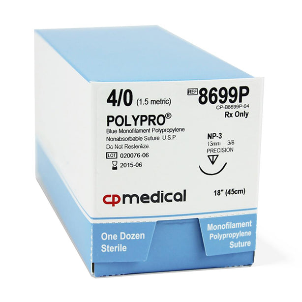 Cp Medical Non-Absorbable Needled 8699P Polypro Monofilament Polypropylene Sutures, Blue, 18", Size 4-0, NONAB 3/8 Circle Needle - MDL-CPQ8699P - 12 Each