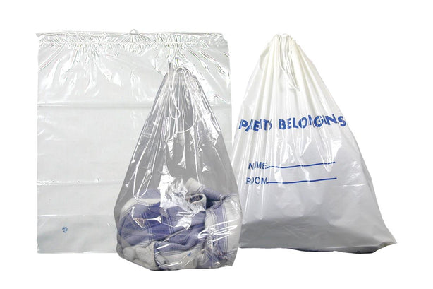 Dukal DawnMist 1.4 Mil Drawstring Patient Belongings Bag, Clear with Blue Print, 20" x 20" - DSPB01C - 1 Each