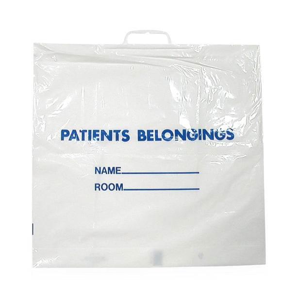 Dukal DawnMist PB01C 1.3 Mil Patient Belongings Bag with Plastic Handle, Clear with Blue Print, 20" x 18.5" - MDL-DKLPB01C - 250 Each