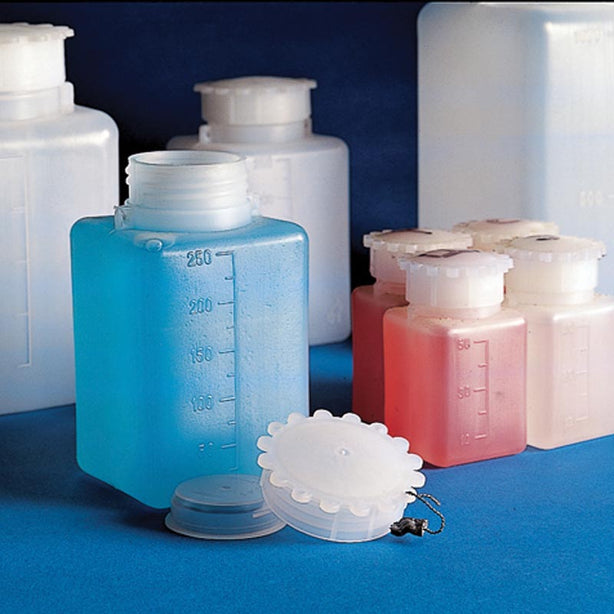 Globe Scientific LDPE Flexible WM Wide Mouth Bottle, Square, Graduated, Polyethylene, with Cap, 100 mL - 600610 - 100 Each