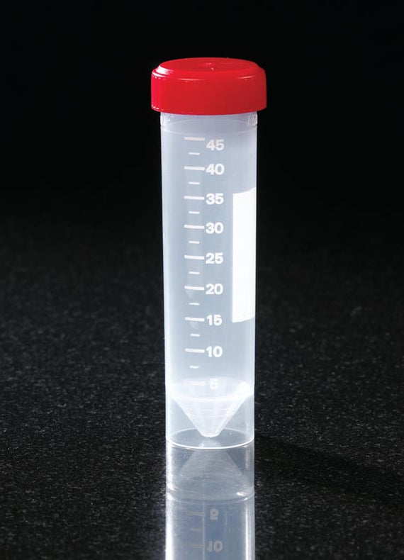 Globe Scientific 50 mL Centrifuge Transport Tube, 50mL, with Attached Red Screw Cap, Polypropylene, Printed Graduations, Conical Bottom, Self-Standing, Sterile, 25 per Bag, 20 Bags / Unit - 6256 - 500 Each
