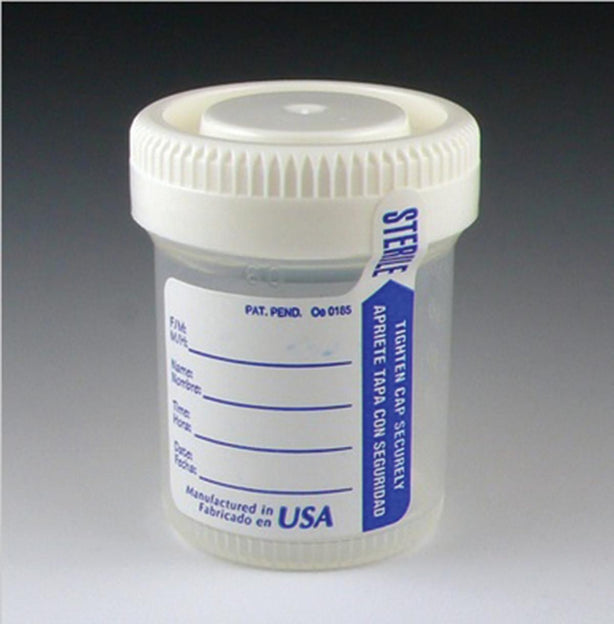 Globe Scientific Tite-Rite Sterile Polypropylene Urine Collection Container with Patient ID Label with Tab, Graduated, Attached White Screw Cap, 60 mL (2 oz.) - 6523 - 500 Each