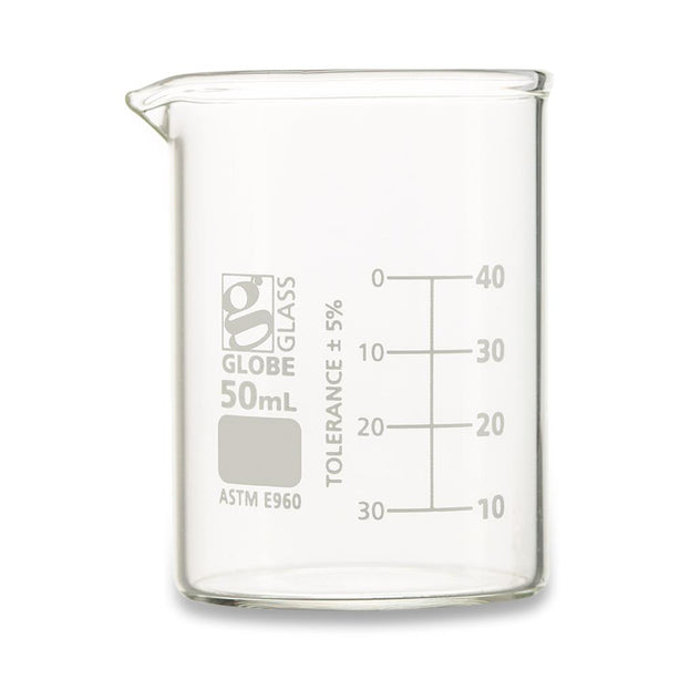 GLOBE SCIENTIFIC Griffin-Style Glass Beaker, Low-Form, 50 mL - 8010050-12 - 12 Each