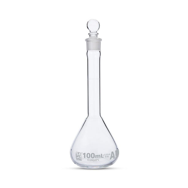 Globe Scientific Cls WM Gls byGlobeSci 100 mL Volumetric Flask, Glass, Class A, Wide Mouth, 6 per Box - 8230100-6 - 6 Each