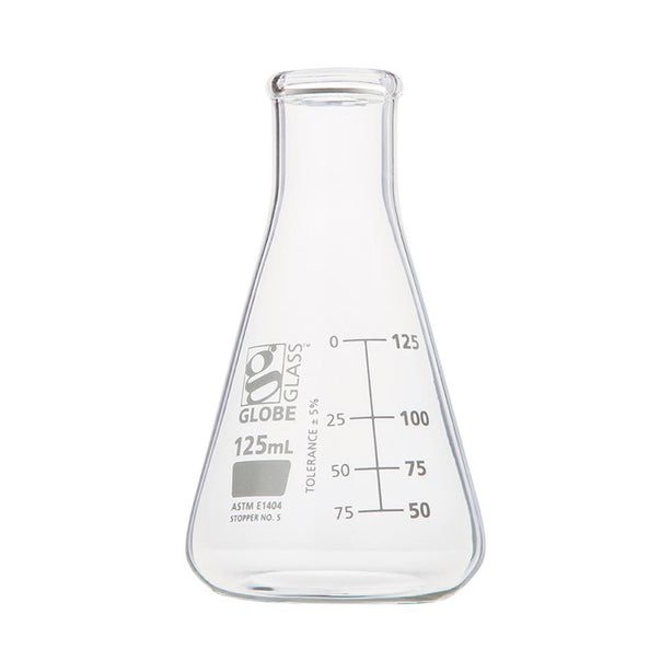 Globe Scientific Narrow-Mouth 125 mL Erlenmeyer Flask, Glass, Narrow Mouth, 12 per Box - 8400125 - 48 Each