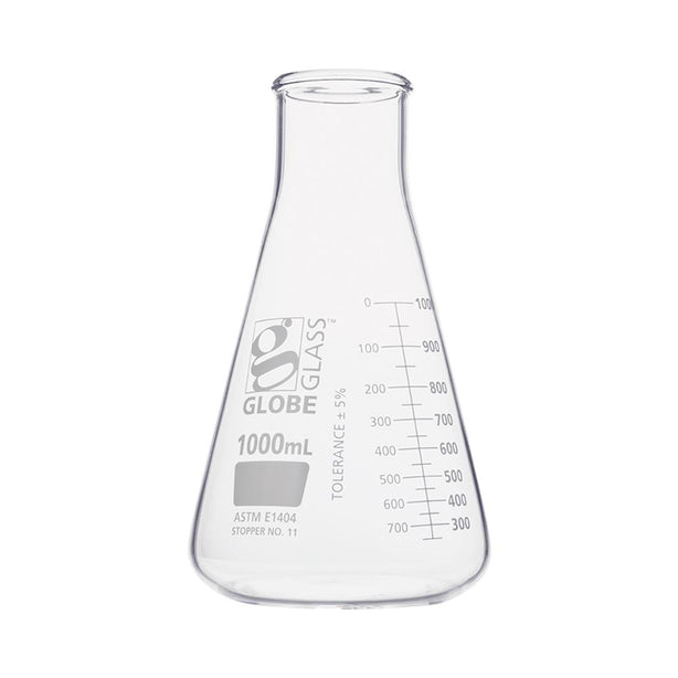 GLOBE SCIENTIFIC Wide-Mouth 1000 mL Erlenmeyer Flask, Glass, Wide Mouth, 6 per Box - 8411000 - 24 Each